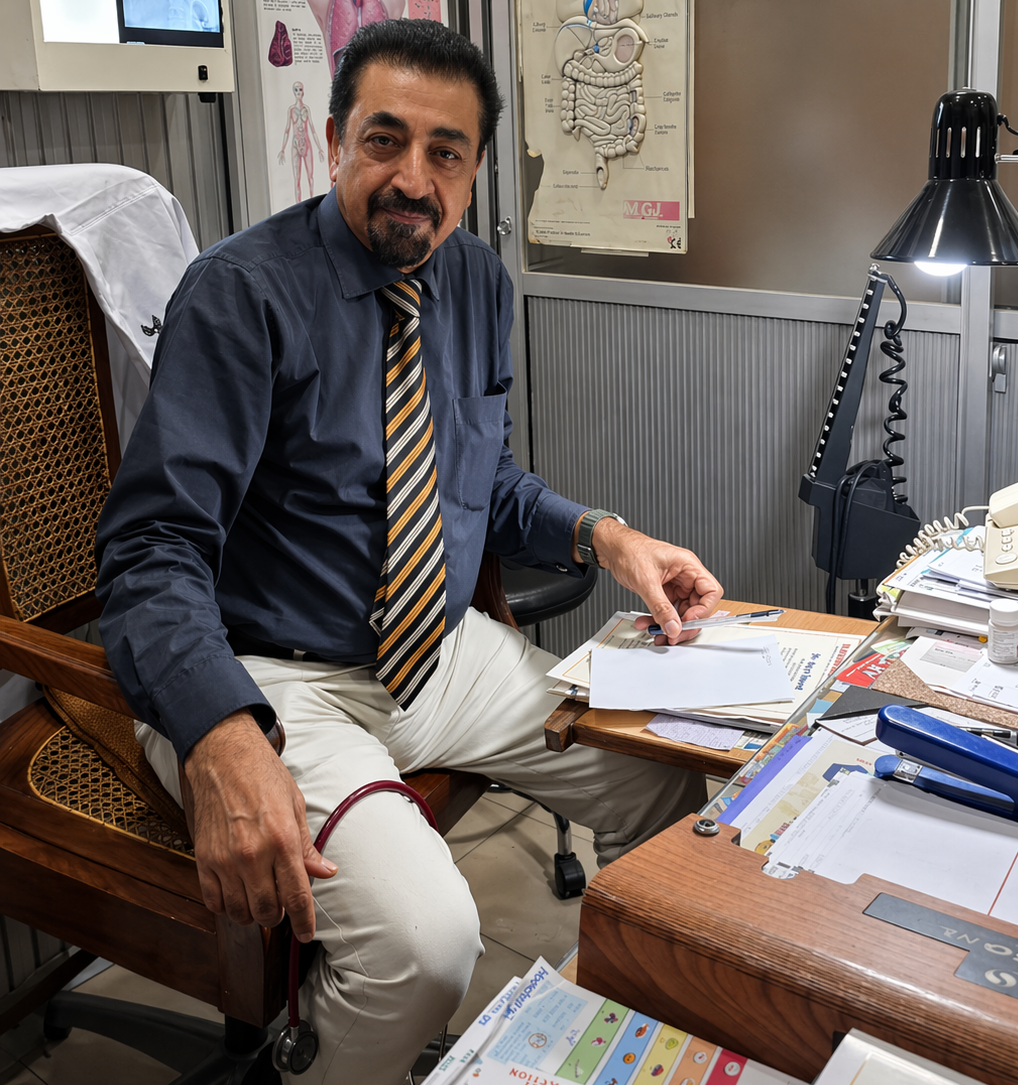 Dr. Ayaz Saeed at clinic desk